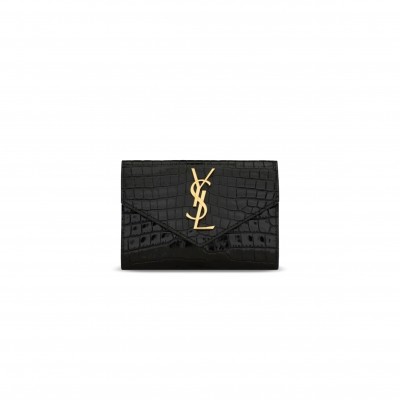 YSL CASSANDRE MATELASSÉ SMALL ENVELOPE WALLET IN CROCODILE-EMBOSSED SHINY LEATHER 414404 (13.5*9.5*3cm)